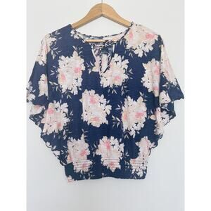 EXPRESS S Floral Braided V-Neck Top Sz XS Blue Smocked Waist Dolman Sleeves Boho